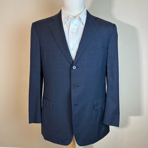Ermenegildo Zegna Blue Windowpane 3‎ Button Silk Wool Blazer 42R - Picture 1 of 8